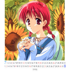 Rule 34 | 1girl, august, braid, calendar, flower, july, kamigishi akari, long hair, overalls, own hands together, red eyes, red hair, retro artstyle, solo, sunflower, to heart, to heart (series), twin braids, twintails