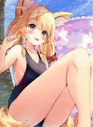 Rule 34 | 1girl, absurdres, amayo (amayo000), animal ear fluff, animal ears, bare legs, barefoot, black one-piece swimsuit, blonde hair, blue sky, blush, braid, breasts, cloud, collarbone, commentary request, commission, day, eyebrows hidden by hair, fang, floral print, fox ears, fox girl, fox tail, hair ornament, hair scrunchie, hibiscus print, highres, innertube, long hair, low twintails, one-piece swimsuit, open mouth, original, outdoors, paw pose, pink innertube, pixiv commission, red scrunchie, scrunchie, shadow, sideboob, sidelocks, sitting, skin fang, sky, small breasts, solo, swim ring, swimsuit, tail, thighs, translation request, tree, twintails, very long hair, yellow eyes