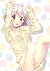 Rule 34 | 1girl, aran sweater, arms up, blush, cable knit, collarbone, commentary request, hair bobbles, hair ornament, highres, karutamo, looking at viewer, lying, no panties, on back, open mouth, original, partially visible vulva, red eyes, short hair, side ponytail, silver hair, solo, sweater, tisshu (karutamo)