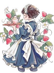 Rule 34 | 1girl, apron, black dress, black legwear, brown hair, closed mouth, copyright request, cup, dress, expressionless, closed eyes, facing away, flower, food, fruit, hand up, highres, holding, holding plate, long sleeves, maid, maid apron, maid headdress, miyosin (cafe poirot), plant, plate, short hair, solo, standing, strawberry, teacup, teapot, white apron, white background, white flower