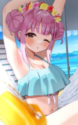 Rule 34 | 1girl, ;o, angel wings, aoraine, aqua bikini, armpits, arms up, bikini, blue archive, blue sky, blunt bangs, blurry, blurry foreground, blush, breasts, cleavage, collarbone, commentary request, day, double bun, feathered wings, hair bun, head wreath, highres, horizon, large breasts, looking at viewer, low wings, mika (blue archive), navel, ocean, one eye closed, outdoors, partial commentary, pink hair, sky, solo, stomach, swimsuit, thighs, white wings, wings