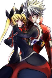 Rule 34 | 1boy, 1girl, absurdres, arc system works, blazblue, blonde hair, capelet, couple, early type, gothic lolita, hair ribbon, hand on another&#039;s face, height difference, hetero, highres, jacket, lolita fashion, popped collar, rachel alucard, ragna the bloodedge, red eyes, ribbon, silver hair, sitting, sitting on lap, sitting on person, spiked hair, twintails