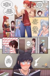 Rule 34 | 1boy, 4girls, alex kellar, animal ears, armlet, armor, belt, belt pouch, black gloves, black hair, black skirt, blake belladonna, blue eyes, blush, bow, breastplate, breasts, buckle, cat ears, circlet, comic, commission, corset, crossover, elbow gloves, emiya shirou, closed eyes, fate/stay night, fate (series), forehead protector, gloves, gorget, gradient hair, greaves, green eyes, grey eyes, hair bow, hand on own chin, highres, large breasts, leg armor, long hair, miniskirt, misunderstanding, multicolored hair, multiple girls, o o, orange hair, ponytail, pouch, pout, pyrrha nikos, reading, red hair, ruby rose, rwby, sarong, scar, scar across eye, scar on face, topless male, short hair, side ponytail, skirt, small breasts, smile, speech bubble, thighhighs, two-tone hair, vambraces, watermark, weiss schnee, white hair, yellow eyes, zettai ryouiki