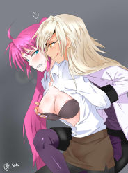Rule 34 | 2girls, :q, ahoge, anger vein, angry, annoyed, bad id, bad pixiv id, bdsm, blonde hair, blue eyes, blush, bondage, boots, bound, breasts, clenched teeth, cypha of huckebein, dark-skinned female, dark skin, eye contact, eyepatch, female focus, forced, grabbing, grabbing another&#039;s breast, grabbing from behind, grey background, heart, highres, large breasts, licking lips, long hair, long sleeves, looking at another, lyrical nanoha, mahou senki lyrical nanoha force, molestation, multiple girls, naughty face, nipple stimulation, nipple tweak, nipples, open clothes, open shirt, orange eyes, panties, panties under pantyhose, pantyhose, pink hair, ponytail, restrained, shirt, shumai (sm318), signature, signum, skirt, smile, sweatdrop, teeth, tongue, tongue out, underwear, undressing, very long hair, white shirt, yuri