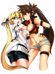 Rule 34 | 2girls, arc system works, ass, bare shoulders, bike shorts, blonde hair, blue eyes, breasts, covered erect nipples, detached sleeves, fingerless gloves, from below, gender request, genderswap, gloves, groin, guilty gear, guilty gear xrd, hair ribbon, headband, highres, ky kiske, large breasts, long hair, looking back, looking down, multiple girls, open mouth, ponytail, red eyes, ribbon, ryuuri (aoithigo), shiny skin, short shorts, shorts, sideboob, skirt, sol badguy, sweatdrop, thigh strap, upskirt, very long hair