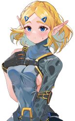 Rule 34 | 1girl, alternate costume, black gloves, blue eyes, blush, braid, breasts, cowboy shot, crown braid, gloves, hair ornament, hairclip, hand up, highres, large breasts, looking at viewer, makoto 139, medium hair, multicolored hair, nintendo, parted bangs, princess zelda, simple background, single bare shoulder, solo, sweatdrop, the legend of zelda, the legend of zelda: tears of the kingdom, two-tone hair, white background