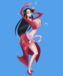 Rule 34 | 1girl, absurdres, arms up, black hair, blue background, boa hancock, breasts, clothes, dancing, earrings, female focus, highres, huge breasts, jewelry, johncoffe, musical note, one piece, piercing, simple background, smile, solo