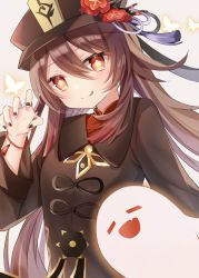 Rule 34 | 1girl, black nails, brown hair, chinese clothes, collared coat, collared shirt, colored tips, commentary, flower, flower-shaped pupils, genshin impact, ghost, hat, hat flower, highres, hu tao (genshin impact), jewelry, multicolored hair, multiple rings, nail polish, plum blossoms, ponytail, porkpie hat, red eyes, red shirt, ring, ringouulu, shirt, smile, solo, symbol-shaped pupils, tailcoat, thumb ring, twintails