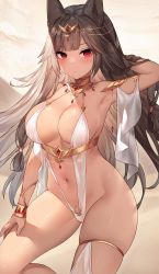 Rule 34 | 1girl, animal ears, arm behind head, arm up, armlet, armpits, bare shoulders, blush, bracelet, breasts, brown hair, cat ears, circlet, cleavage, hair ornament, highres, jewelry, large breasts, long hair, looking at viewer, navel, neck ring, one-piece swimsuit, original, red eyes, sidelocks, skindentation, slingshot swimsuit, solo, sora 72-iro, swimsuit, thigh strap, thighs, white one-piece swimsuit, white slingshot swimsuit