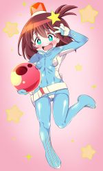 Rule 34 | 10s, 1girl, :d, aqua eyes, armpits, bad id, bad pixiv id, belt, belt skirt, blush, bodysuit, breasts, brown hair, cameltoe, covered erect nipples, covered navel, full body, gloves, gradient background, hair between eyes, hair ornament, hand up, unworn headwear, helmet, unworn helmet, holding, holding helmet, impossible bodysuit, impossible clothes, leg lift, leg up, looking at viewer, luluco, one side up, open mouth, pink background, raised eyebrows, ribs, shiny clothes, short hair, skin tight, small breasts, smile, solo, sparkle, star (symbol), star hair ornament, turtleneck, uchuu patrol luluco, usei, v