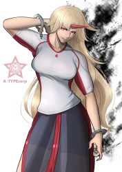 Rule 34 | 1girl, a-type corporation, arm behind head, artist name, bike shorts, blonde hair, breasts, broken, contrapposto, cuffs, fingernails, handcuffs, highres, horns, hoshiguma yuugi, large breasts, red eyes, see-through, sharp fingernails, single horn, skirt, smile, solo, standing, star (symbol), touhou, watermark