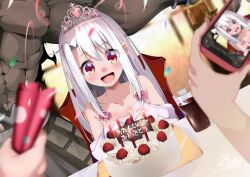 Rule 34 | 1boy, 1girl, bare shoulders, blush, breasts, cake, candle, cellphone, collarbone, cup, dress, fate/stay night, fate (series), food, heracles (fate), highres, illyasviel von einzbern, long hair, open mouth, party popper, pei iriya, phone, red eyes, sidelocks, small breasts, smile, solo focus, tiara, translation request, white dress, white hair