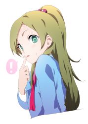Rule 34 | !, 10s, 1girl, aqua eyes, bad id, bad pixiv id, blonde hair, blue shirt, brown hair, finger to mouth, food, food on face, half updo, long hair, minamino kanade, nishiuri warito, ponytail, precure, shirt, simple background, solo, suite precure, tongue, upper body, white background