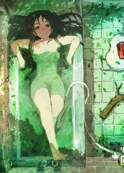 Rule 34 | 1girl, barefoot, bath, bathtub, black hair, branch, breasts, brown eyes, from above, green theme, highres, leaf, long hair, nude, original, partially submerged, radio, shower head, sketch, smile, solo, sonjow4, water