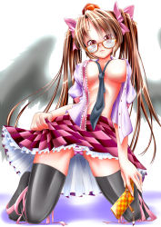 Rule 34 | 1girl, backlighting, bespectacled, between breasts, bird wings, black thighhighs, black wings, bow, breasts, brown eyes, brown hair, cellphone, checkered clothes, checkered skirt, clothes lift, dekoorashiru, glasses, hair bow, hat, highres, himekaidou hatate, kneeling, large breasts, leg ribbon, long hair, looking at viewer, necktie, necktie between breasts, open clothes, open shirt, panties, pantyshot, phone, pink panties, ribbon, shirt, skirt, skirt lift, solo, thighhighs, tokin hat, touhou, twintails, underwear, upskirt, very long hair, wings