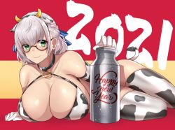 Rule 34 | 1girl, 2021, altronage, animal ears, animal print, bikini, blue ribbon, breasts, chinese zodiac, cleavage, cow girl, cow horns, cow print, cow tail, curvy, elbow gloves, fake animal ears, fake horns, fake tail, glasses, gloves, green eyes, hair ribbon, highres, hololive, horns, huge breasts, large breasts, looking at viewer, lying, milk churn, on side, paid reward available, print gloves, paid reward available, ribbon, shirogane noel, short hair, silver hair, smile, solo, swimsuit, tail, thighhighs, thighs, virtual youtuber, year of the ox