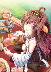 Rule 34 | 10s, 1girl, ahoge, akashio (loli ace), blush, boots, breasts, brown hair, cake, cake slice, cookie, cup, cupcake, detached sleeves, doily, food, from above, grass, hairband, kantai collection, kongou (kancolle), long hair, looking at viewer, mochi, open mouth, pastry, personification, picnic, plate, purple eyes, ribbon-trimmed sleeves, ribbon trim, sitting, skirt, small breasts, smile, solo, sugar cube, swiss roll, tea, teacup, teapot, thighhighs, tiered serving stand, tiered tray, tongs, wagashi, wariza, wide sleeves