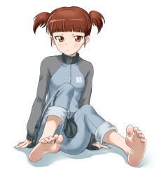 Rule 34 | 10s, 1girl, bad id, bad pixiv id, barefoot, blush, brown hair, closed mouth, eyebrows, feet, female focus, full body, girls und panzer, highres, legs apart, long sleeves, mikko (girls und panzer), pants, pants rolled up, pants under skirt, pleated skirt, short twintails, simple background, skirt, soles, solo, souji kurokawa, toes, track suit, twintails, white background