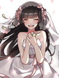 Rule 34 | 1girl, alternate costume, aogisa, bad id, bad pixiv id, bare shoulders, black hair, blush, bridal veil, bride, collarbone, dress, flower, girls&#039; frontline, hair flower, hair ornament, highres, holding, jewelry, long hair, looking at viewer, open mouth, petals, red eyes, ring, simple background, smile, solo, tears, teeth, type 100 (girls&#039; frontline), veil, wedding, wedding dress, wedding ring, white dress