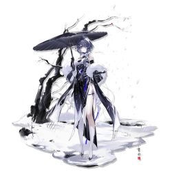 Rule 34 | 1girl, arknights, bare shoulders, black dress, black gloves, black umbrella, blue eyes, blue hair, boots, chuzenji, dress, feather boa, full body, gloves, hair over one eye, highres, holding, holding umbrella, looking at viewer, official alternate costume, oil-paper umbrella, short hair, snow, solo, standing, thigh strap, transparent background, umbrella, whisperain (arknights), whisperain (tremble cold) (arknights), white footwear