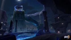 Rule 34 | chinese commentary, cloud, door, highres, honkai (series), honkai impact 3rd, logo, moon, night, night sky, official art, official wallpaper, outdoors, pillar, sand, sky, tower, water, window