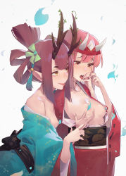 Rule 34 | 2girls, absurdres, antlers, blue fire, blue kimono, blush, grabbing another&#039;s breast, breasts, breasts out, character request, chinese commentary, cloud print, copyright request, eyelashes, fire, floral print, grabbing, grabbing from behind, hair ribbon, hair rings, headband, highres, horns, japanese clothes, kikumon, kimono, medium breasts, medium hair, multiple girls, nipples, obi, off shoulder, oni horns, open mouth, pink hair, purple hair, red eyes, red kimono, ribbon, saliva, sash, simple background, small breasts, smile, tassel, tears, tongue, tongue out, upper body, white background, yellow eyes, yuri, zanyak