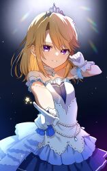 Rule 34 | 1girl, arm scrunchie, backlighting, bare shoulders, belly chain, black background, blush, bracelet, breasts, detached collar, dot nose, dress, gloves, hair between eyes, hand up, highres, idolmaster, idolmaster cinderella girls, idolmaster cinderella girls starlight stage, idolmaster cinderella girls u149, jewelry, layered sleeves, long hair, looking at viewer, mokano n, necklace, open mouth, orange hair, pearl bracelet, pearl necklace, pointing, pointing at viewer, purple eyes, rainbow gradient, reaching, reaching towards viewer, scrunchie, sleeveless, sleeveless dress, small breasts, smile, solo, star (symbol), tiara, white dress, white gloves, white scrunchie, yuuki haru