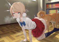 Rule 34 | 1girl, 1other, all fours, ass-to-ass, bestiality, blonde hair, clenched teeth, clothed sex, cum, dog, ejaculation, gishu, green eyes, highres, indie virtual youtuber, indoors, knotting, on floor, red skirt, school uniform, sex, sex from behind, shiba inu, shigure ui (vtuber) (2nd costume), shigure ui (vtuber), skirt, teeth, virtual youtuber, wooden floor