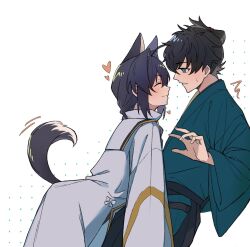 Rule 34 | 2boys, ahoge, androgynous, animal ears, black hair, blue kimono, blush, brown eyes, closed eyes, commentary request, fate/samurai remnant, fate (series), hair intakes, heart, highres, japanese clothes, kemonomimi mode, kimono, looking at another, miyamoto iori (fate), multiple boys, profile, shirosaki20725, short ponytail, simple background, sweatdrop, tail, white background, white kimono, yamato takeru (fate)