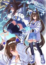 Rule 34 | 1girl, admire vega (umamusume), arms up, black gloves, black thighhighs, blue bow, blue bowtie, blue shorts, blush, bow, bowtie, breasts, brown hair, character name, closed mouth, commentary request, cross-laced footwear, ear covers, fingerless gloves, full body, gloves, hair between eyes, hairband, high-waist shorts, highres, holding, horse tail, large breasts, long hair, long sleeves, looking at viewer, multiple views, official alternate costume, puffy long sleeves, puffy sleeves, red eyes, sailor collar, shirt, shirt tucked in, shorts, single ear cover, skindentation, standing, starheart, tail, thighhighs, uma stars (umamusume), umamusume, upper body, very long hair, white footwear, white hairband, white sailor collar, white shirt