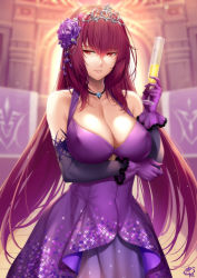 Rule 34 | 1girl, alcohol, arm under breasts, breasts, champagne, champagne flute, cleavage, cup, dress, drinking glass, elbow gloves, fate/grand order, fate (series), flower, gloves, hair flower, hair ornament, heroic spirit formal dress, jewelry, large breasts, long hair, looking at viewer, necklace, okitakung, parted lips, purple dress, purple gloves, purple hair, red eyes, scathach (fate), scathach (formal dress) (fate), smile, tiara