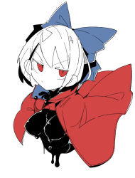 Rule 34 | 1girl, black shirt, blue bow, bow, breasts, cape, cropped torso, hair bow, highres, limited palette, liquid clothes, looking at viewer, massakasama, medium breasts, red cape, red eyes, sekibanki, shirt, short hair, simple background, solo, touhou, two-sided cape, two-sided fabric, upper body, white background