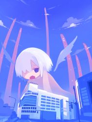 Rule 34 | 1girl, absurdres, blue sky, blue theme, building, detached wings, fang, hair over one eye, highres, lamppost, medium hair, natsu-no-kamisama, open mouth, original, outdoors, sky, solo, white hair, white wings, wings