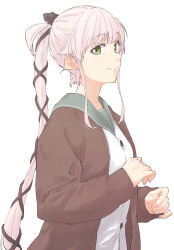 Rule 34 | 1girl, black ribbon, breasts, closed mouth, green eyes, grey sailor collar, hair ribbon, kantai collection, long hair, long sleeves, looking at viewer, pink hair, ponytail, ribbon, rindou (rindou annon), sailor collar, sidelocks, simple background, small breasts, solo, upper body, very long hair, white background, yura (kancolle)