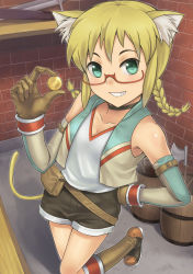 Rule 34 | 1girl, animal ears, axe, bare shoulders, barrel, black shorts, blonde hair, boots, braid, brick wall, cat ears, cat tail, coin, elbow gloves, female focus, glasses, gloves, green eyes, grin, hand on own hip, hashi, highres, hip focus, indoors, long hair, semi-rimless eyewear, sheath, shorts, smile, solo, standing, standing on one leg, sword, tail, twin braids, under-rim eyewear, weapon