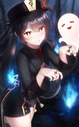 Rule 34 | 1girl, black coat, black hat, black shorts, blush, breasts, brown hair, claw pose, coat, coattails, flower, genshin impact, ghost, grin, hat, hat flower, highres, hu tao (genshin impact), jewelry, long hair, long sleeves, looking at viewer, plum blossoms, red eyes, ring, shirosaba, shorts, small breasts, smile, symbol-shaped pupils, thighs, twintails, very long hair