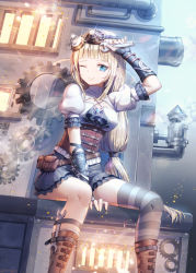 Rule 34 | 1girl, artist name, black skirt, blonde hair, blue eyes, blunt bangs, corset, frilled skirt, frilled sleeves, frills, furnace, gears, goggles, goggles on head, long hair, looking at viewer, low-tied long hair, one eye closed, original, pouch, puffy short sleeves, puffy sleeves, roang, short sleeves, skirt, smile, solo, steam, steampunk, very long hair, wrench