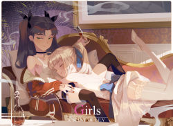 Rule 34 | 2girls, ahoge, alternate costume, artoria pendragon (all), artoria pendragon (fate), backless dress, backless outfit, bare shoulders, black choker, black legwear, blonde hair, blue ribbon, blush, border, brown hair, champagne flute, choker, closed eyes, command spell, cross, cross choker, cup, dress, drinking glass, earclip, english text, fate (series), green eyes, highres, jacket, looking at viewer, lying, lying on person, multiple girls, nail polish, off shoulder, on stomach, open clothes, open jacket, picture frame, ponytail, raised eyebrows, red jacket, red nails, ribbon, saber (fate), saber (pure night dress) (fate), saber lily, spread legs, tea sly, the pose, thighhighs, thighs, tohsaka rin, white border, yuri