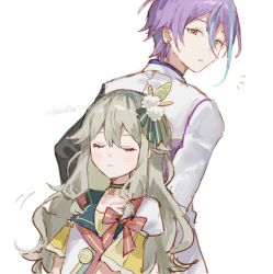 Rule 34 | 1boy, 1girl, back-to-back, blue hair, blush, bow, butterfly hair ornament, choker, closed eyes, closed mouth, collarbone, earrings, facing viewer, flat chest, frown, green choker, green hair, green ribbon, hair between eyes, hair ornament, hair ribbon, highres, inu totemo, jacket, jewelry, kamishiro rui, kusanagi nene, long hair, long sleeves, looking at another, looking back, multicolored hair, notice lines, parted lips, pink bow, pom pom (clothes), pom pom hair ornament, project sekai, purple hair, ribbon, shirt, short hair, sidelocks, simple background, streaked hair, stud earrings, teeth, upper body, watermark, white background, white jacket, white shirt, yellow eyes