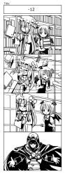 Rule 34 | &gt; &lt;, 1boy, 2girls, 4koma, :o, alternate hair length, alternate hairstyle, armor, bat wings, bespectacled, book, book stack, comic, crescent, crossover, dress, closed eyes, glasses, greyscale, head wings, holding, holding book, jace beleren, koakuma, library, light smile, long hair, magic: the gathering, mask, monochrome, multiple girls, patchouli knowledge, short hair, sixten, embodiment of scarlet devil, theft, touhou, wings