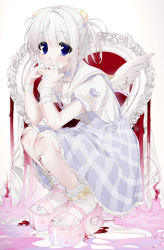 Rule 34 | 1girl, artist name, bandaged wrist, bandages, bandaid, bandaid on arm, bandaid on hand, bleeding, blood, blue bow, blue collar, blue dress, blue eyes, blush, bow, candle, collar, cross, crying, crying with eyes open, cuts, daisy, dress, feathered wings, fire, flower, frilled dress, frilled socks, frills, gem, gold, hand to own mouth, heart, highres, injury, jewelry, kneeling, laces, mini wings, olivia (unxi), original, pearl (gemstone), pinafore dress, pink footwear, plaid, plaid bow, plaid dress, platform footwear, red fire, sailor collar, sandals, sculpture, self-harm, shirt, short hair, sleeveless, sleeveless dress, socks, tears, two side up, unxi, white hair, white sailor collar, white shirt, wings, yellow bow