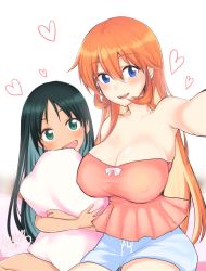 Rule 34 | 2girls, :d, alternate costume, alternate hairstyle, arm at side, armpits, bad id, bad twitter id, bare arms, bare shoulders, bed, black hair, blue eyes, blue shorts, blush, breasts, charlotte e. yeager, cleavage, covered erect nipples, dark-skinned female, dark skin, fang, female focus, francesca lucchini, green eyes, hair between eyes, hair down, happy, head tilt, heart, highres, huge breasts, indian style, large breasts, long hair, looking at viewer, multiple girls, neck, hugging object, on bed, open mouth, orange hair, pillow, pillow hug, rascal (n119), reaching, reaching towards viewer, round teeth, short shorts, shorts, side-by-side, sitting, smile, strapless, strike witches, teeth, tube top, upper teeth only, world witches series
