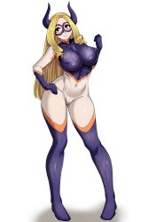 Rule 34 | 1girl, blonde hair, bodysuit, boku no hero academia, breasts, cameltoe, cleft of venus, closed mouth, collarbone, covered erect nipples, covered navel, domino mask, fake horns, full body, hand on own hip, highres, horns, impossible clothes, large breasts, long hair, looking at viewer, mask, mount lady, nico-mo, red eyes, sidelocks, simple background, skin tight, smile, solo, standing, white background