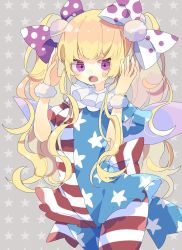 Rule 34 | 1girl, alternate hairstyle, american flag dress, american flag pants, back bow, blonde hair, blue dress, blue pants, blush, bow, breasts, clownpiece, dress, fairy wings, grey background, hair bow, hands up, highres, long hair, looking at viewer, multicolored clothes, multicolored dress, multicolored pants, neck ruff, nikorashi-ka, no headwear, open mouth, pants, polka dot, polka dot bow, pom pom (clothes), purple bow, purple eyes, red bow, red dress, red pants, sharp teeth, short sleeves, small breasts, solo, standing, star (symbol), star print, starry background, striped bow, striped clothes, striped dress, striped pants, teeth, tongue, touhou, twintails, white bow, white dress, white pants, wings, wrist cuffs