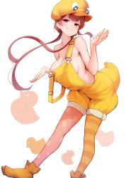 Rule 34 | 1girl, asymmetrical legwear, ataruman, bare shoulders, breasts, brown hair, cleavage, commentary, full body, hat, highres, large breasts, long hair, looking at viewer, mismatched legwear, naked overalls, overalls, red eyes, sideboob, solo, thighhighs, yellow hat, yellow overalls, yuugiri (zombie land saga), zombie land saga