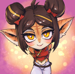 Rule 34 | 1girl, antenna hair, bare shoulders, blush, bow, brown background, double bun, firecracker tristana, grey pants, hair bow, hair bun, heart, heart-shaped pupils, league of legends, midriff, multicolored background, orange eyes, pants, phantom ix row, pink background, pointy ears, red bow, red shirt, rope, shirt, smile, solo, symbol-shaped pupils, tristana