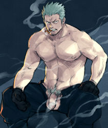 Rule 34 | 1boy, 329, abs, bad id, bad pixiv id, bara, black pants, cigar, flaccid, frown, large pectorals, long sideburns, looking at viewer, male focus, male pubic hair, mature male, muscular, muscular male, navel, navel hair, nipples, one piece, open pants, pants, pectorals, penis, pubic hair, short hair, sideburns, sitting, smoke, smoker (one piece), smoking, solo, spiked hair, stomach, thick thighs, thighs, topless male