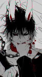 Rule 34 | 1boy, 1other, animal collar, animal ears, bed sheet, bite mark, bite mark on chest, biting, biting another&#039;s hand, black sclera, blood, blood on hands, chain, chain leash, collar, colored sclera, dated, disembodied hand, fushiguro touji, grey background, hand in another&#039;s mouth, highres, jujutsu kaisen, leash, long sleeves, looking at viewer, lying, male focus, on back, on bed, rabbit ears, red collar, red eyes, sashiyu, shirt, short hair, signature, solo focus, spot color, torn clothes, torn shirt, upper body