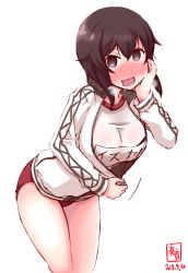 Rule 34 | 1girl, alternate costume, artist logo, black hair, blush, breasts, breath, brown eyes, buruma, dated, gym shirt, gym uniform, hayasui (kancolle), heart, heart-shaped pupils, highres, jacket, kanon (kurogane knights), kantai collection, large breasts, long sleeves, looking at viewer, open clothes, open jacket, open mouth, red buruma, saliva, shirt, short hair, short sleeves, signature, simple background, solo, sweat, symbol-shaped pupils, track jacket, unzipped, white background, white jacket, white shirt, zipper