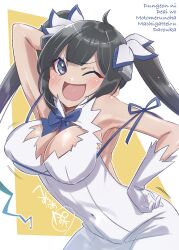 Rule 34 | &gt;:), 1girl, :d, absurdres, arm up, armpits, black hair, blue eyes, blush, breasts, cleavage, cleavage cutout, clothing cutout, copyright name, covered navel, dress, dungeon ni deai wo motomeru no wa machigatteiru darou ka, gloves, hand on own hip, hestia (danmachi), highres, large breasts, long hair, one eye closed, open mouth, pomita, rei no himo, sleeveless, sleeveless dress, smile, solo, twintails, v-shaped eyebrows, very long hair, white dress, white gloves